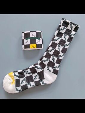 Chrome Hearts Black & White Checkerboard Crew Socks with Yellow Logo
